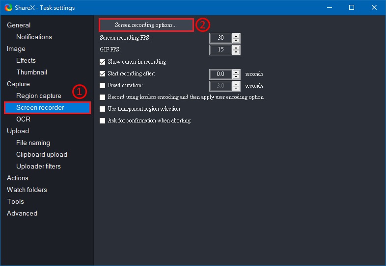 Screen recording options